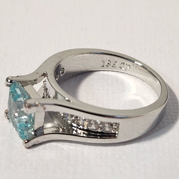 VTG 18K 925 Natural Square Princess Cut Swiss Blue Clean Thick Band Ring Sz 5 - Picture 6 of 16